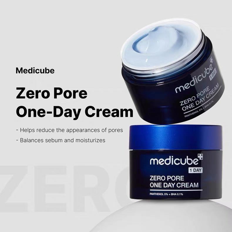 Two jars of Medicube Zero Pore One-Day Cream on a light gray background