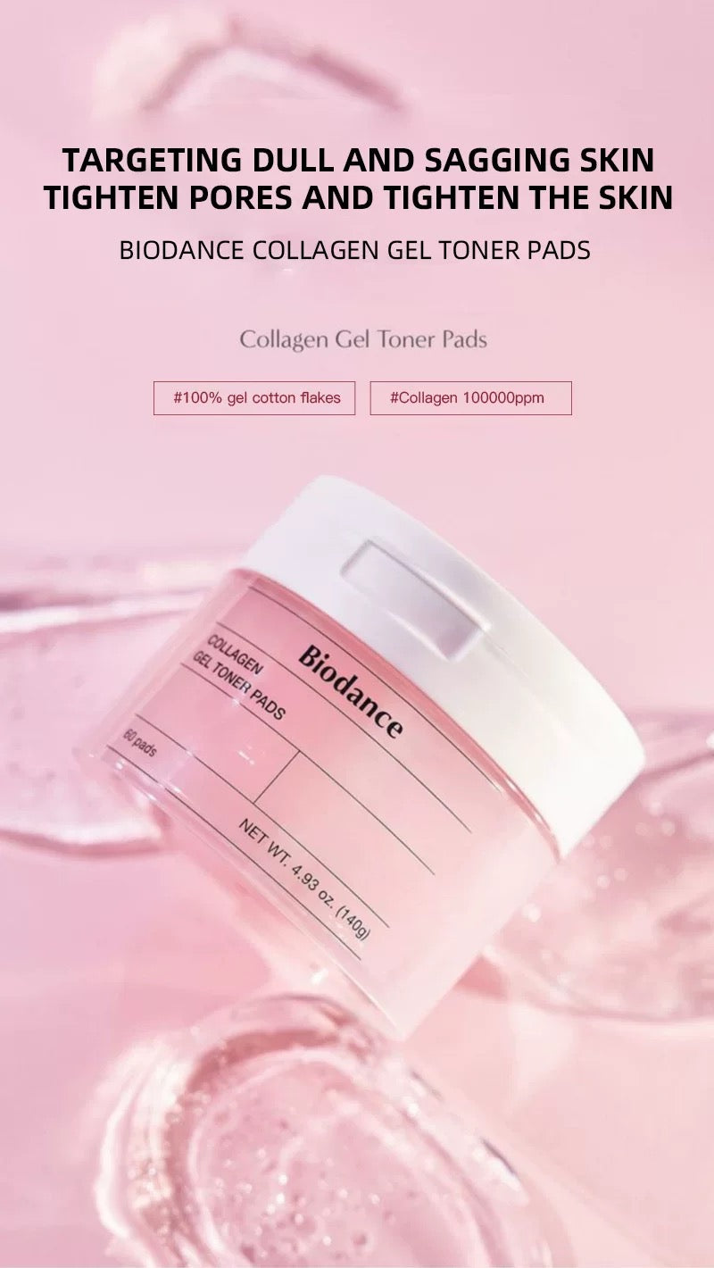 Biodance Collagen Gel Toner Pads with pink gel pads on a pink background