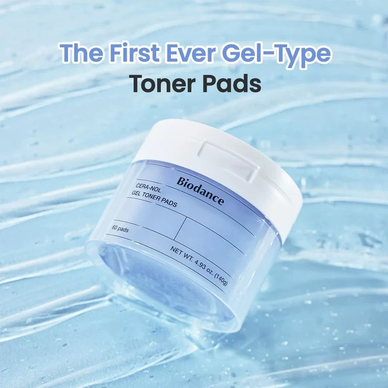 Biodance gel-type toner pads container on a blue background