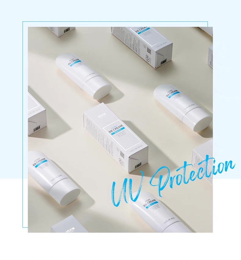 Cosmetic bottles and boxes with 'UV Protection' text on a light background