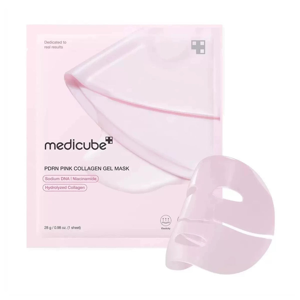 Medicube PDRN Pink Collagen Gel Mask packaging with a pink sheet mask on a white background