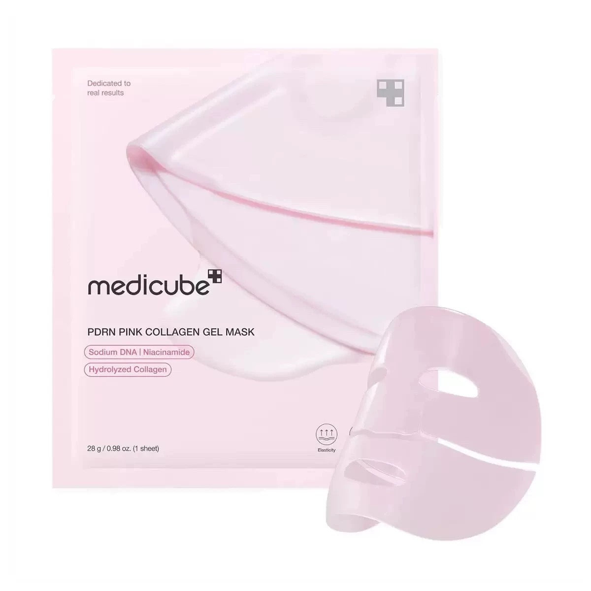 Medicube PDRN Pink Collagen Gel Mask packaging with a pink sheet mask on a white background