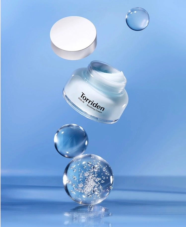 Torriden skincare product with bubbles on a blue background