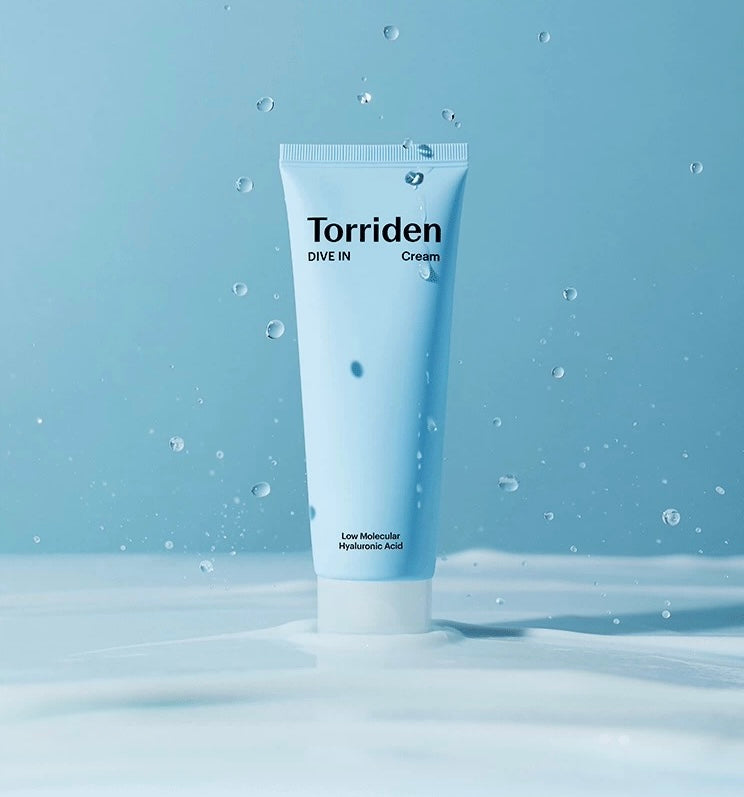 Torriden DIVE-IN Cream 80ml on blue background with water droplets
